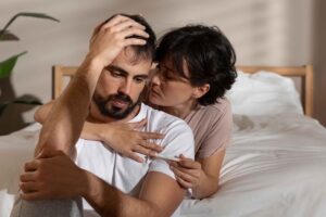 Donna che abbraccia con affetto il compagno pensieroso seduto sul letto, sostegno emotivo di coppia nei disturbi sessuali